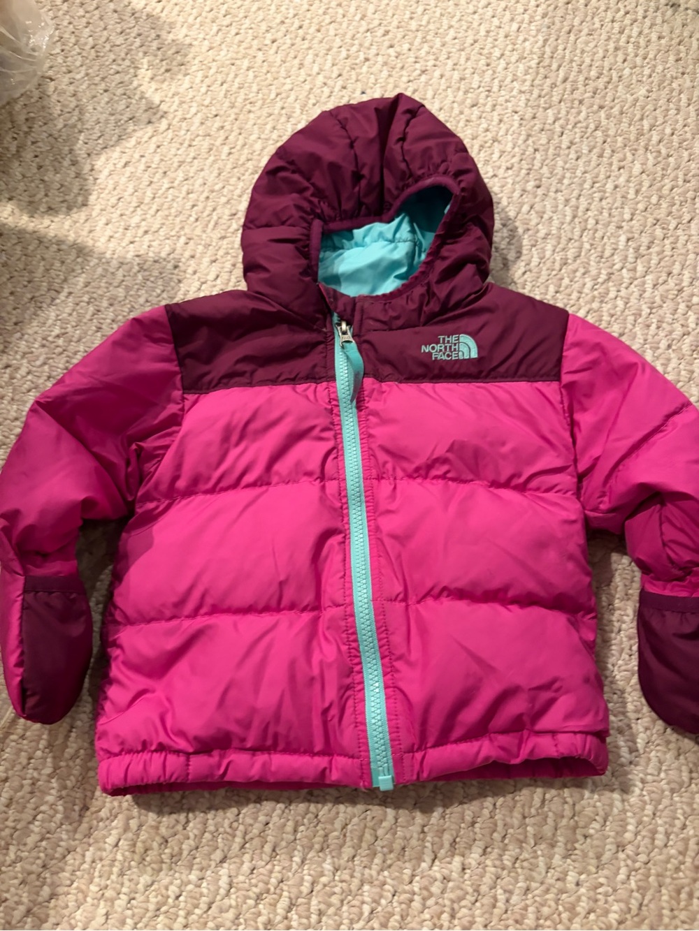 VGUC The North Face Pink & Plum Puffer Jacket Aqua Zipper, 18-24 month